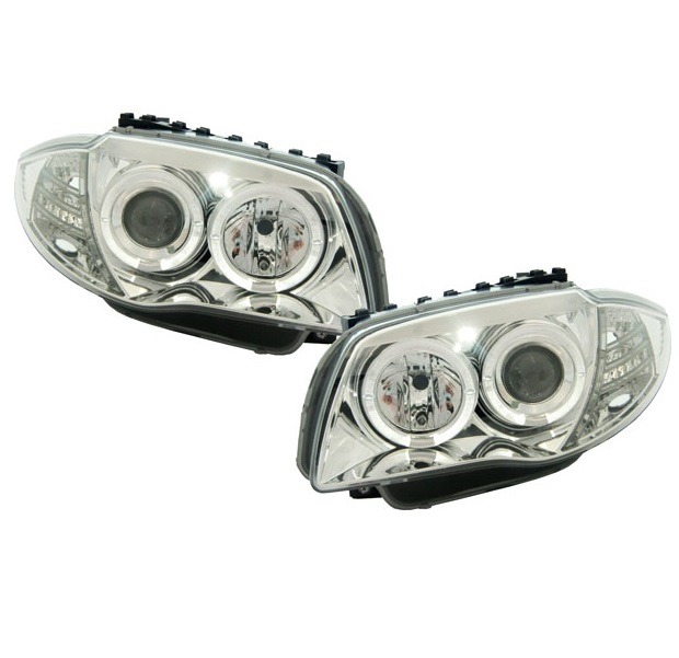 Faróis com Angel Eyes BMW Série 1 E81/E82/E87/E88 Cromado