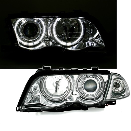 Faróis com Angel Eyes BMW Série 3 E46 98-01 Cromado